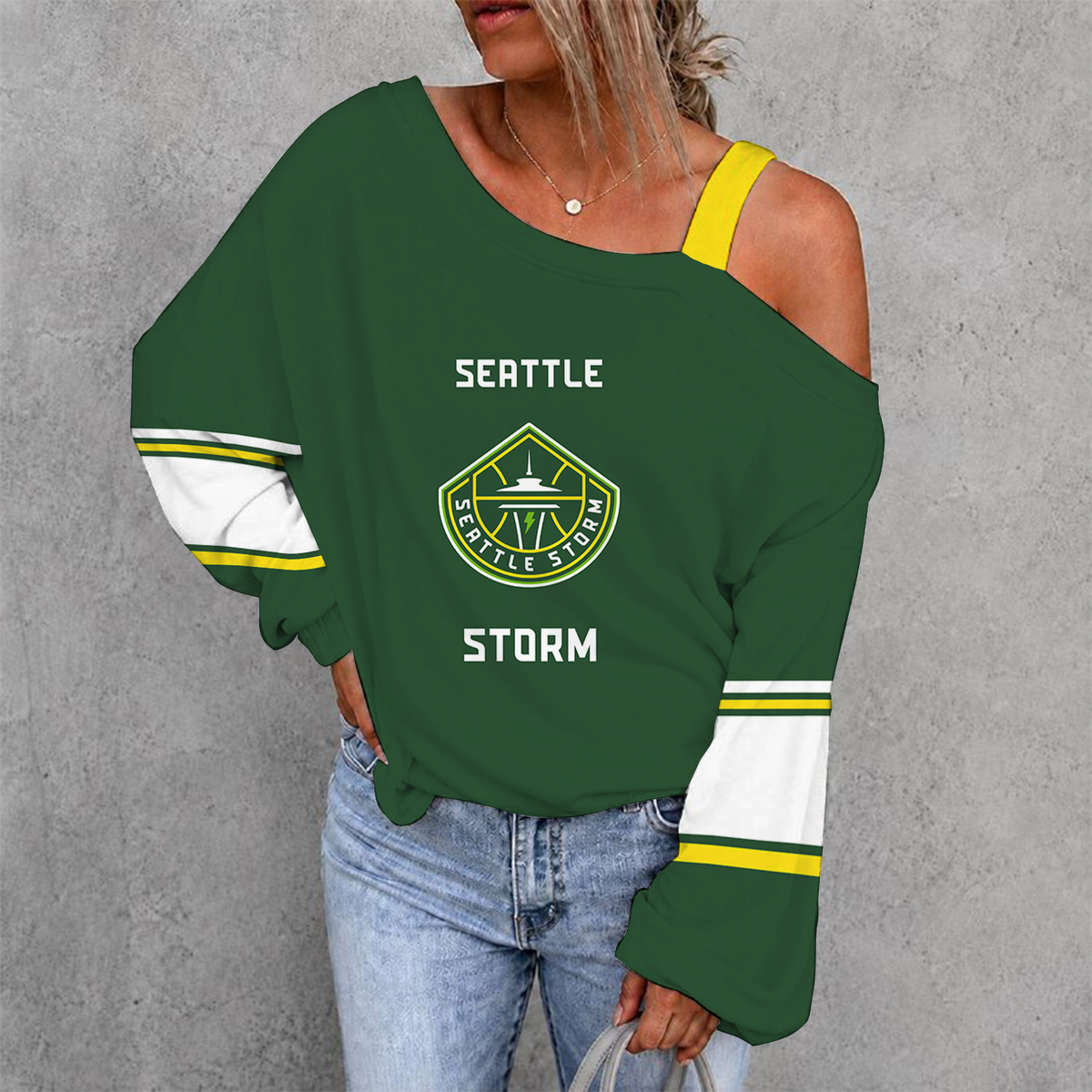 [HOOPS SPECIAL] NEW CUSTOMIZED WNBA12 STS SEATTLE STORM WOMEN'S OFF-SHOULDER LONG SLEEVE SHIRT