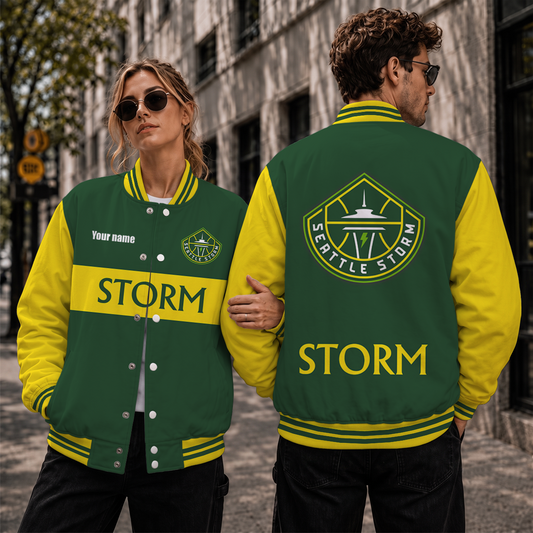 [HOOPS SPECIAL] NEW CUSTOMIZED WNBA12 STS SEATTLE STORM BASEBALL JACKET, SATIN VARSITY JACKET