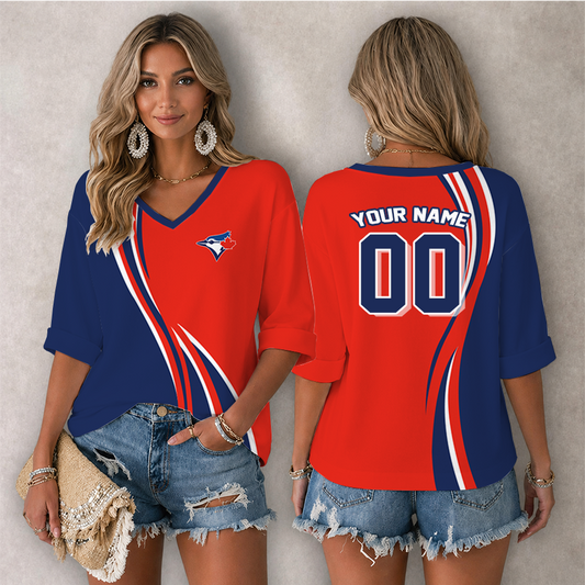 [HOMERUN DEAL] NEW CUSTOMIZED MLB12 TBJ TORONTO BLUE JAYS WOMEN'S HEART V-NECK LONG SLEEVE SHIRT