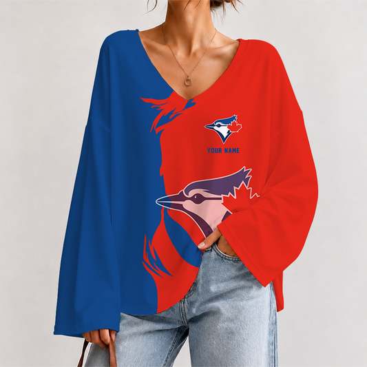 [HOMERUN DEAL] NEW CUSTOMIZED MLB12 TBJ TORONTO KHAKI JAYS V-NECK LONG SLEEVED CROP TOP
