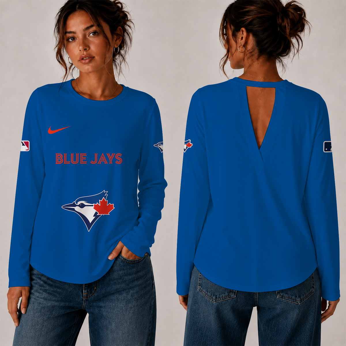 [HOMERUN DEAL] NEW CUSTOMIZED MLB12 TBJ THE BLUE JAYS WOMEN'S BACK V-CUT LONG-SLEEVE SHIRT