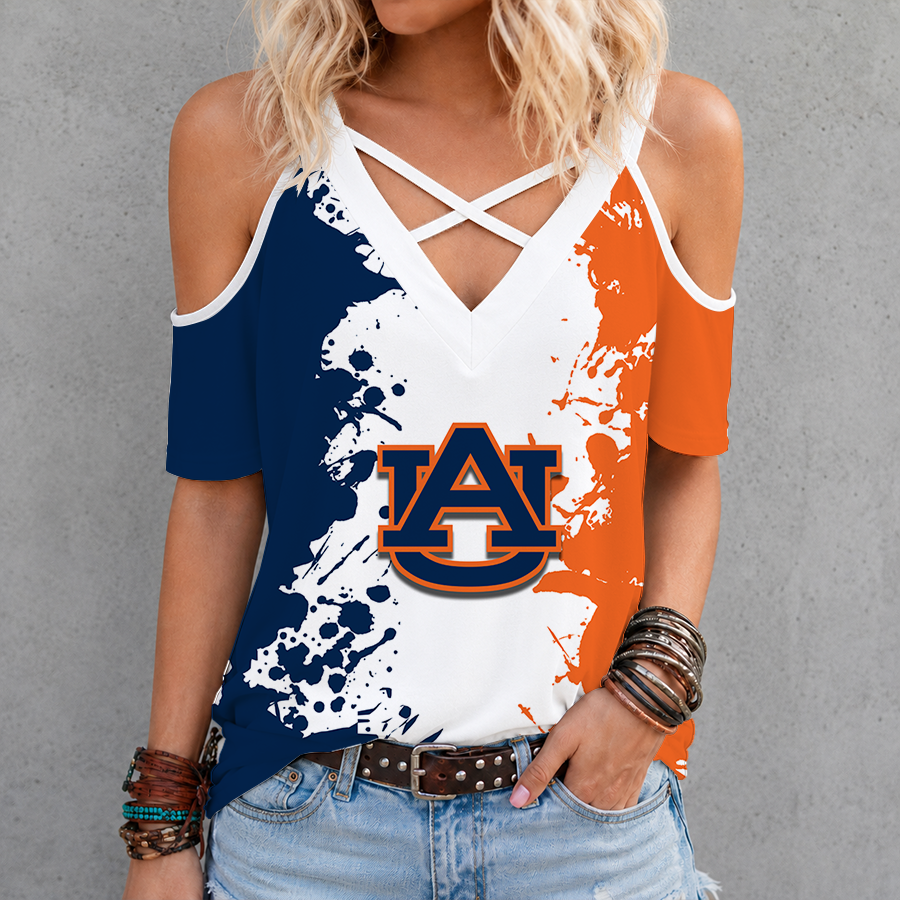 [TOUCHDOWN DEAL]NEW CUSTOMIZED NCAA FBS13 ABT AUBURN TIGERS CRISS CROSS V-NECK TOP