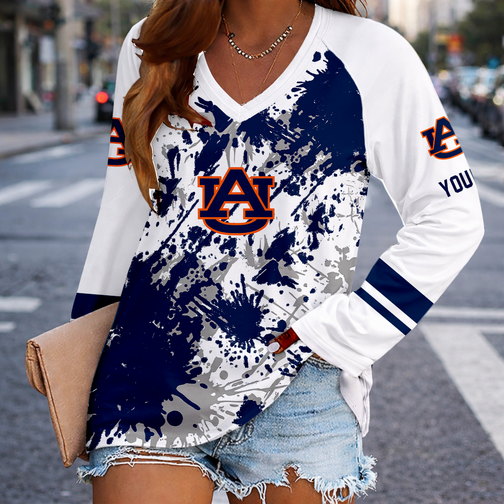 [TOUCHDOWN DEAL] NEW CUSTOMIZED NCAA FBS13 ABT AUBURN TIGERS WOMEN'S V-NECK LONG SLEEVED SHIRT