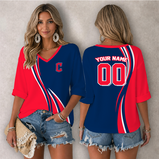 [HOMERUN DEAL] NEW CUSTOMIZED MLB13 CGS CLEVELAND GUARDIANS WOMEN'S HEART V-NECK LONG SLEEVE SHIRT