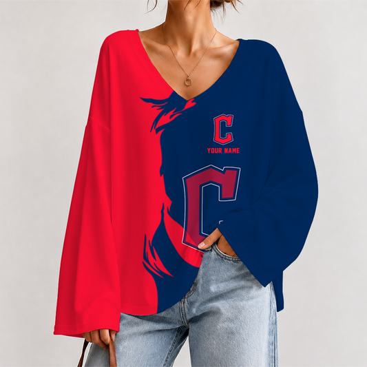 [HOMERUN DEAL] NEW CUSTOMIZED MLB13 CGS CLEVELAND GUARDIANS V-NECK LONG SLEEVED CROP TOP