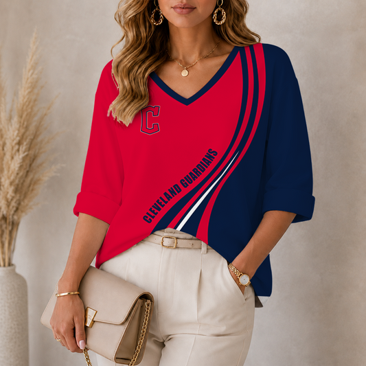 [HOMERUN DEAL] NEW CUSTOMIZED MLB13 CGS CLEVELAND GUARDIANS WOMEN'S HEART V-NECK LONG SLEEVE SHIRT