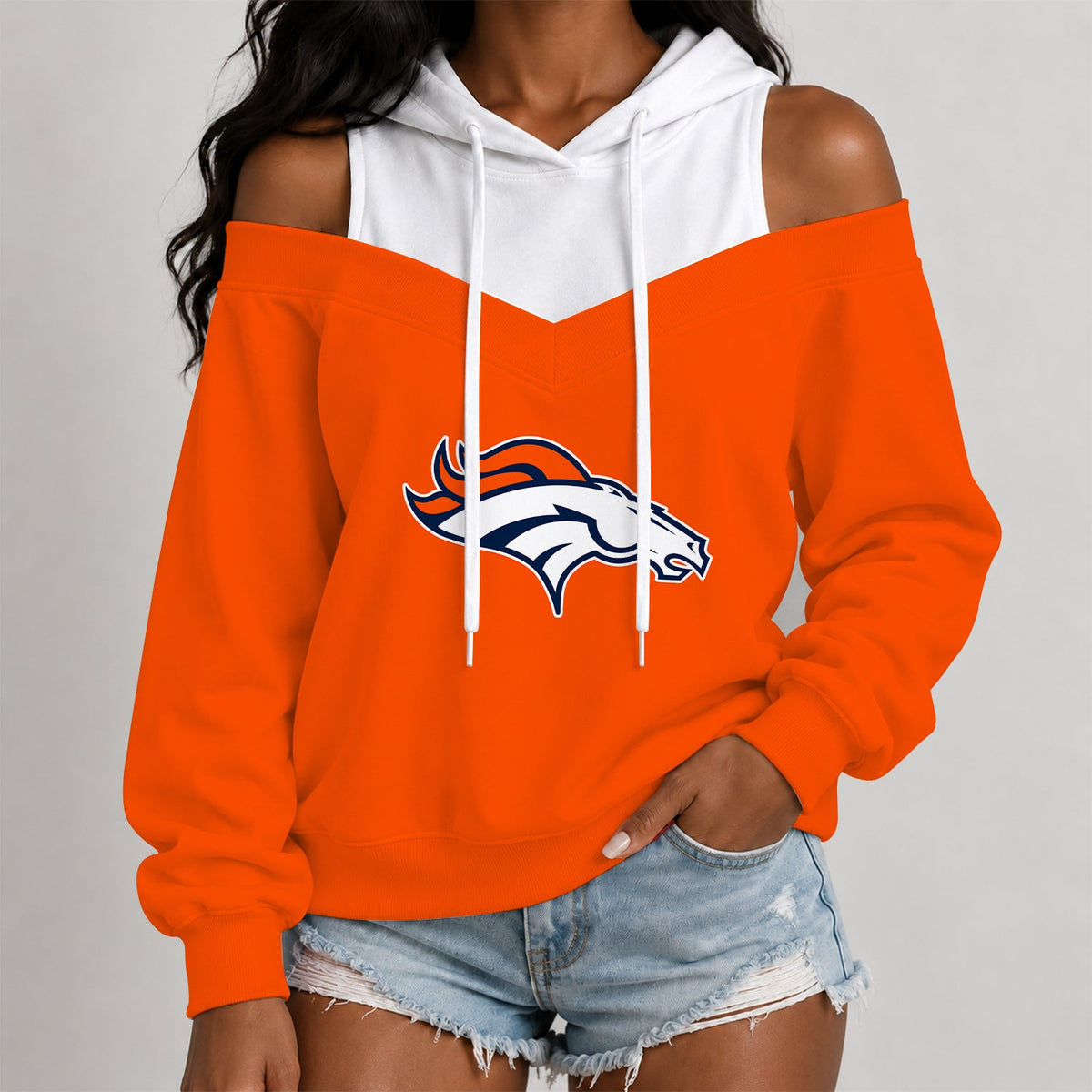 [TOUCHDOWN DEAL] NEW CUSTOMIZED NFL13 DVB THE BRONCOS WOMEN'S OFF-SHOULDER HOODIE