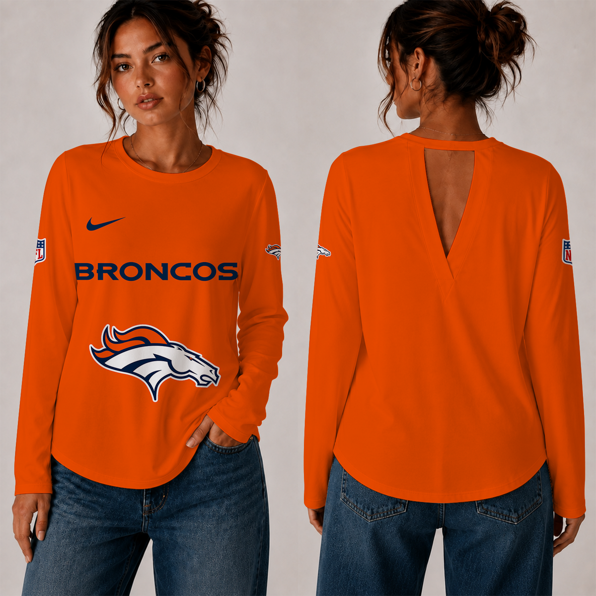 [TOUCHDOWN DEAL] NEW CUSTOMIZED NFL13 DVB THE BRONCOS WOMEN'S BACK V-CUT LONG-SLEEVE SHIRT