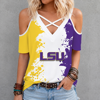 [SLAM DUNK DEAL] NEW CUSTOMIZED NCAA MAM13 LST LSU TIGERS CRISS CROSS V-NECK TOP