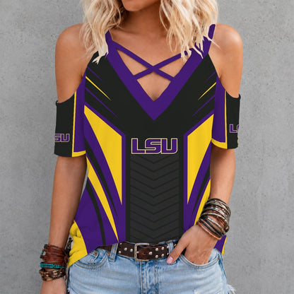 [SLAM DUNK DEAL] NEW CUSTOMIZED NCAA MAM13 LST LSU TIGERS CRISS CROSS V-NECK TOP
