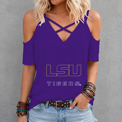[SLAM DUNK DEAL] NEW CUSTOMIZED NCAA MAM13 LST LSU TIGERS CRISS CROSS V-NECK TOP
