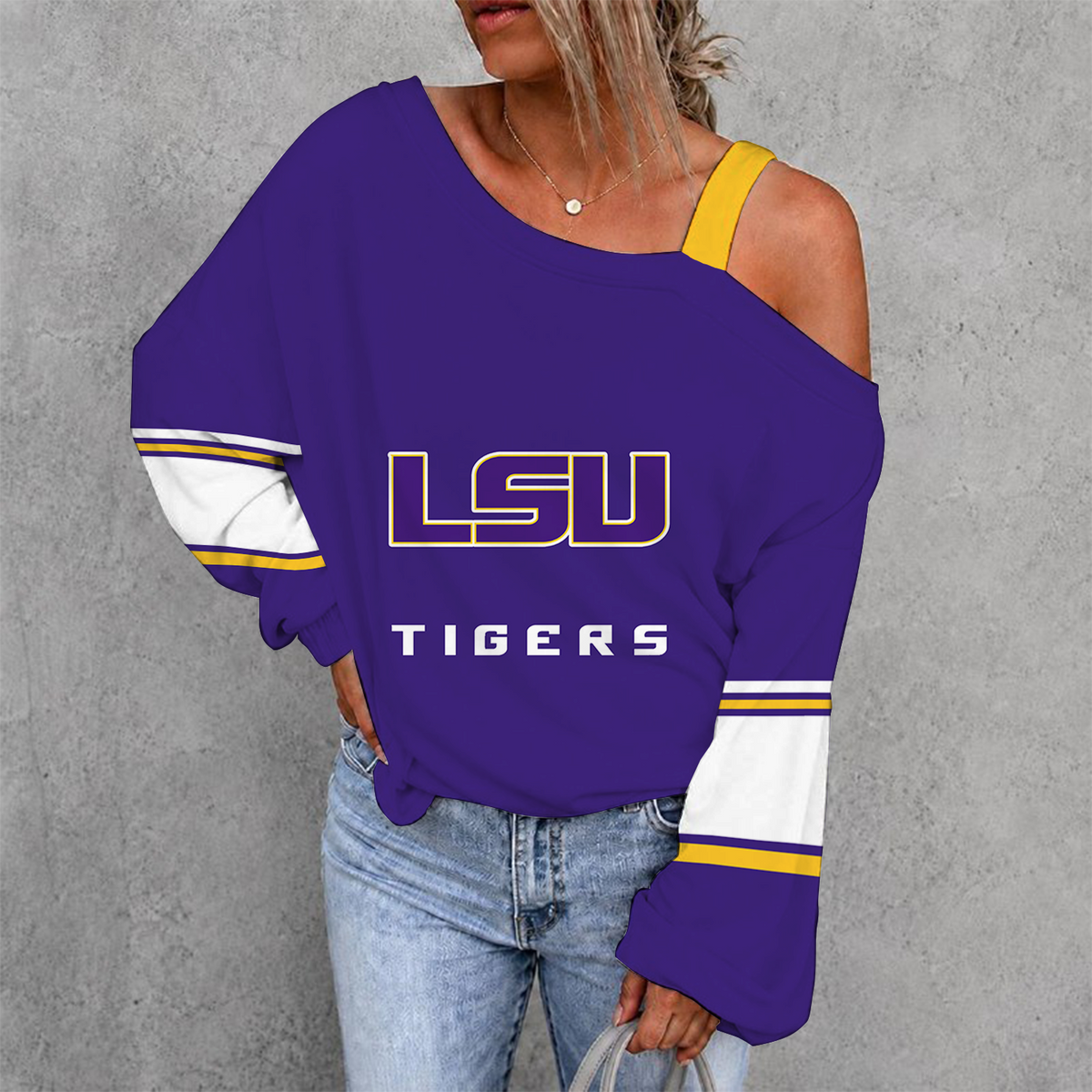 [SLAM DUNK DEAL] NEW CUSTOMIZED NCAA MAM13 LST LSU TIGERS WOMEN'S OFF-SHOULDER LONG SLEEVE SHIRT
