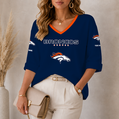 [SPECIAL OFFER] NEW CUSTOMIZED NFL13 DVB DENVER BRONCOS WOMEN'S HEART V-NECK LONG SLEEVE SHIRT