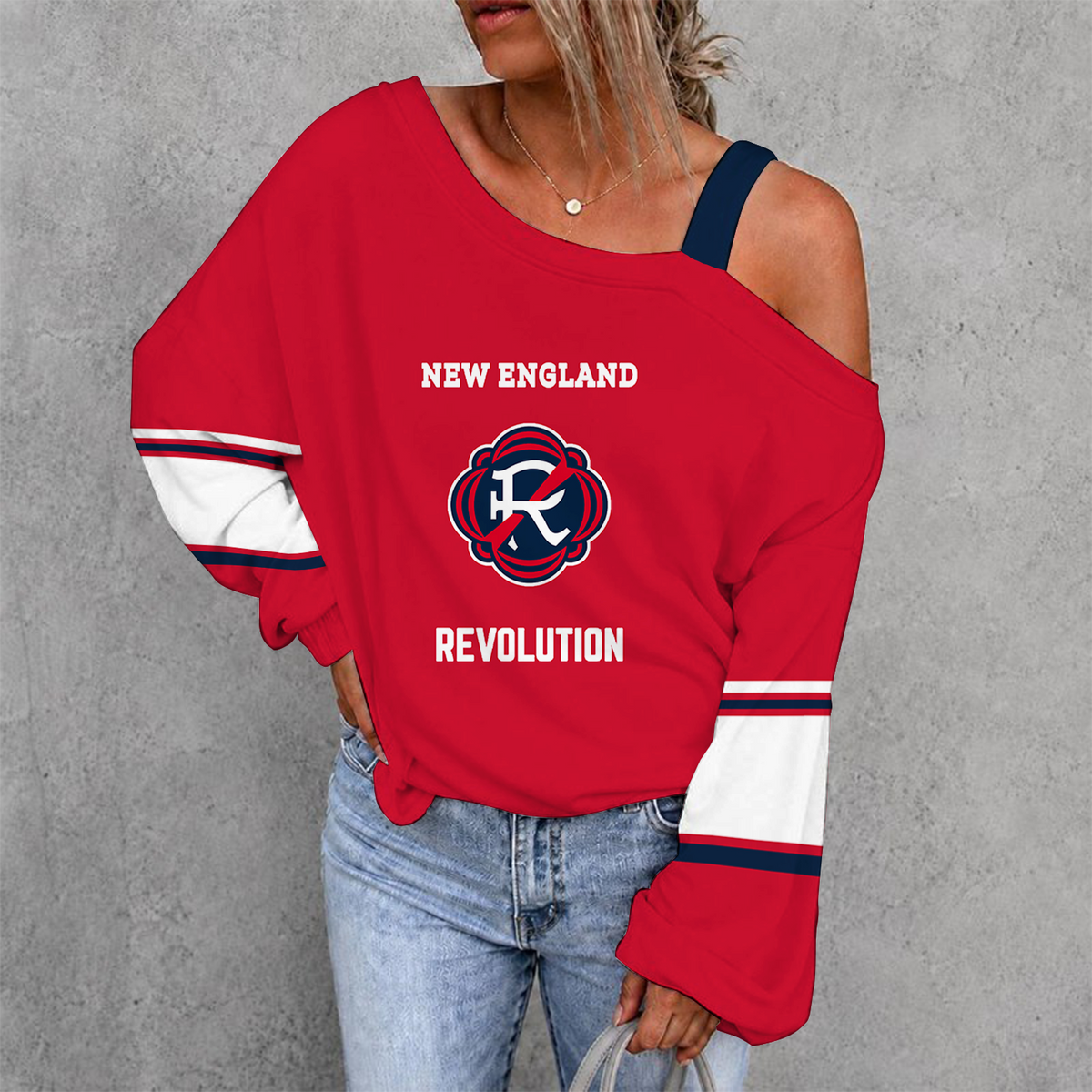 [GOAL DEAL] NEW CUSTOMIZED MLS13 NER NEW ENGLAND REVOLUTION WOMEN'S OFF-SHOULDER LONG SLEEVE SHIRT