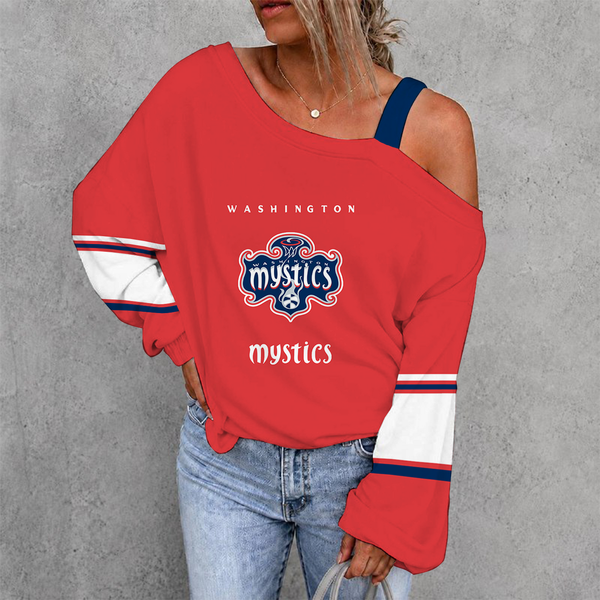 [HOOPS SPECIAL] NEW CUSTOMIZED WNBA13 WSM WASHINGTON MYSTICS WOMEN'S OFF-SHOULDER LONG SLEEVE SHIRT