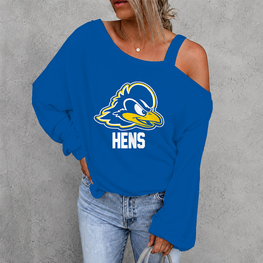 [HOOPS SPECIAL] NEW CUSTOMIZED NCAA CFH14 DFH DELAWARE FIGHTIN' BLUE HENS WOMEN'S OFF-SHOULDER LONG SLEEVE SHIRT