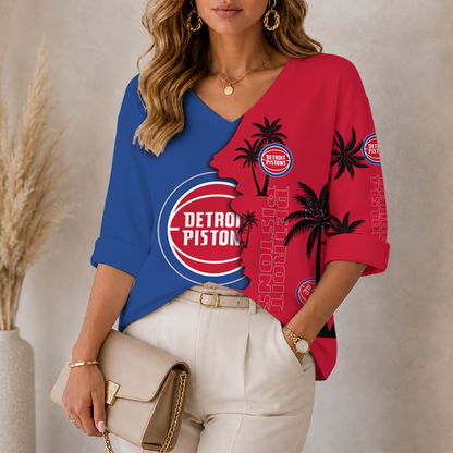 [HOT DEAL] NEW CUSTOMIZED NBA14 DPI DETROIT PISTONS WOMEN'S V-NECK LONG SLEEVE SHIRT