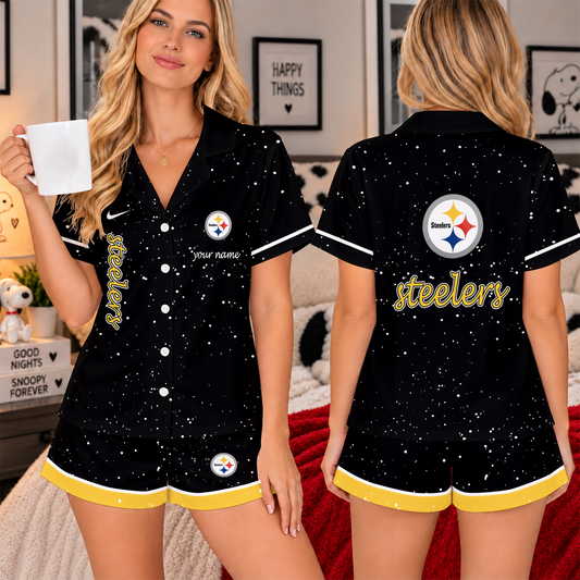 [TOUCHDOWN DEAL] NEW CUSTOMIZED NFL14 PSB THE STEELERS WOMEN'S V-NECK SHORT PAJAMAS SET