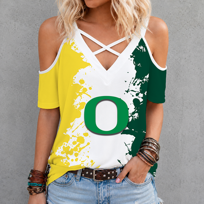 [TOUCHDOWN DEAL]NEW CUSTOMIZED NCAA FBS14 OGD OREGON DUCKS CRISS CROSS V-NECK TOP