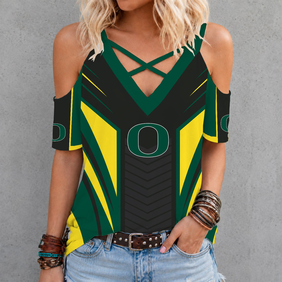 [TOUCHDOWN DEAL] NEW CUSTOMIZED NCAA FBS14 OGD OREGON DUCKS CRISS CROSS V-NECK TOP
