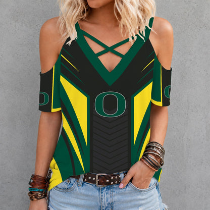[TOUCHDOWN DEAL] NEW CUSTOMIZED NCAA FBS14 OGD OREGON DUCKS CRISS CROSS V-NECK TOP