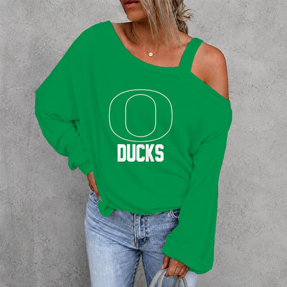 [TOUCHDOWN DEAL] NEW CUSTOMIZED NCAA FBS14 OGD OREGON DUCKS WOMEN'S OFF-SHOULDER LONG SLEEVE SHIRT