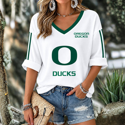 [TOUCHDOWN DEAL] NEW CUSTOMIZED NCAA FBS14 OGD OREGON DUCKS WOMEN'S V-NECK LONG SLEEVE SHIRT