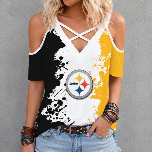 [TOUCHDOWN DEAL] NEW CUSTOMIZED NFL14 PSB PITTSBURGH STEELERS CRISS CROSS V-NECK TOP