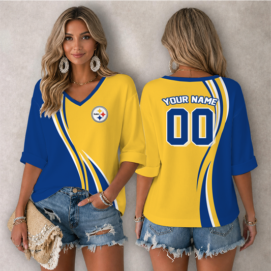 [SPECIAL OFFER] NEW CUSTOMIZED NFL14 PSB PITTSBURGH STEELERS WOMEN'S HEART V-NECK LONG SLEEVE SHIRT