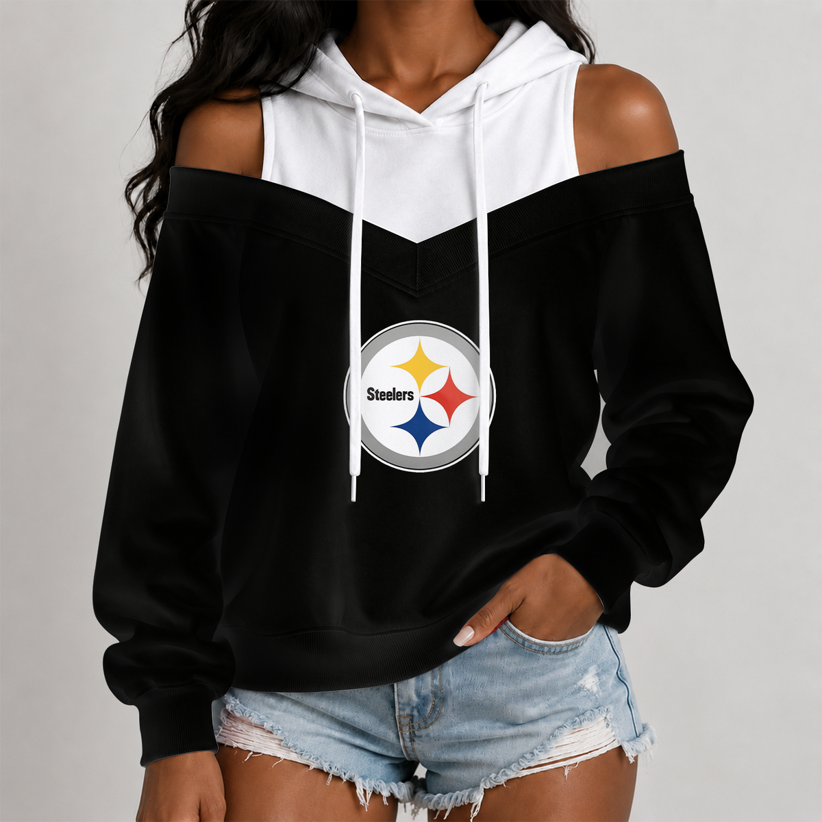 [TOUCHDOWN DEAL] NEW CUSTOMIZED NFL14 PSB THE STEELERS WOMEN'S OFF-SHOULDER HOODIE