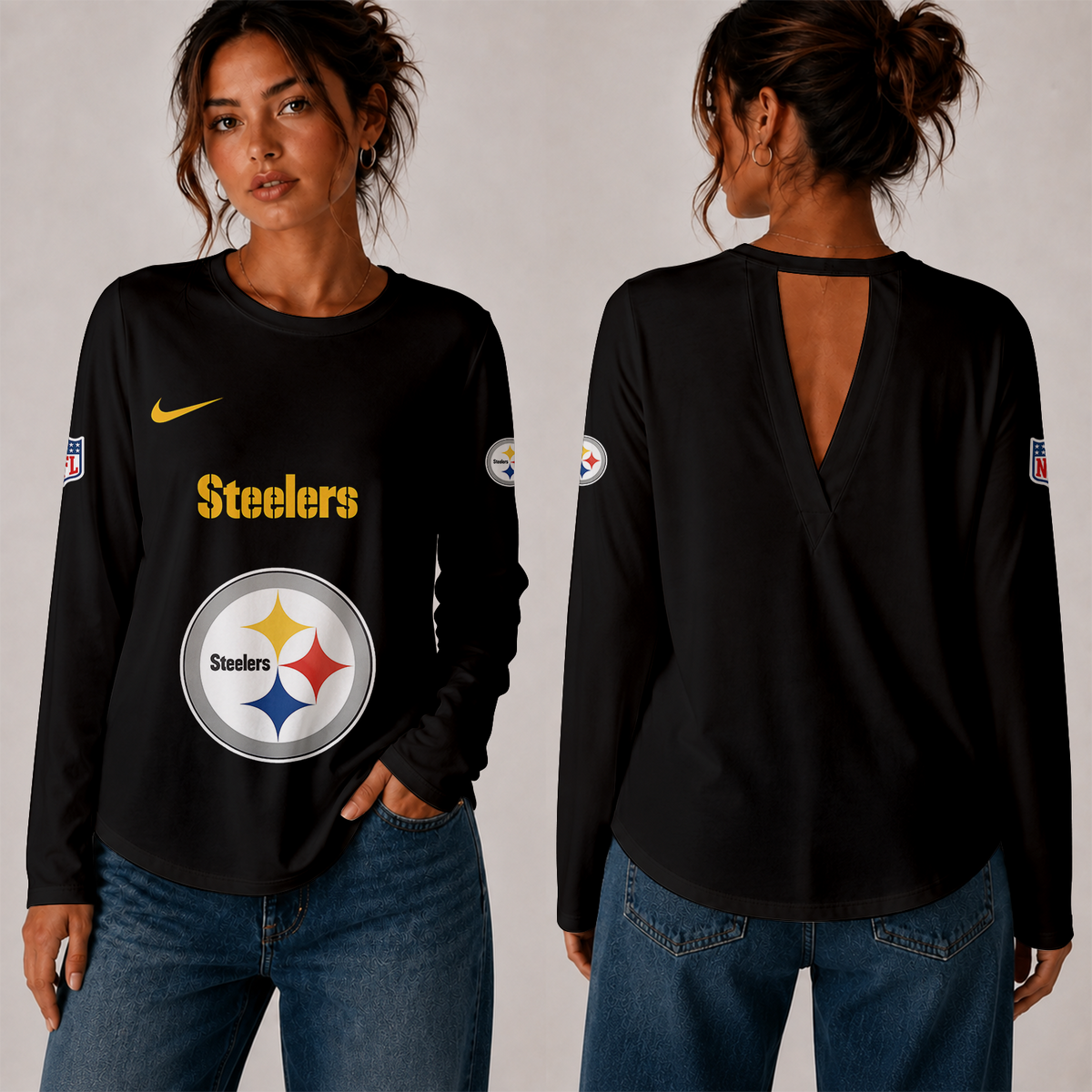 [TOUCHDOWN DEAL] NEW CUSTOMIZED NFL14 PSB THE STEELERS WOMEN'S BACK V-CUT LONG-SLEEVE SHIRT