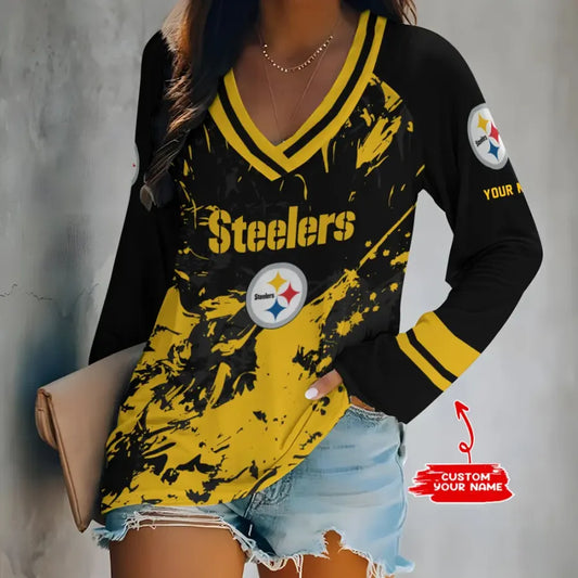 [TOUCHDOWN DEAL] NEW CUSTOMIZED NFL14 PSB PITTSBURGH STEELERS WOMEN'S V-NECK LONG SLEEVED SHIRT