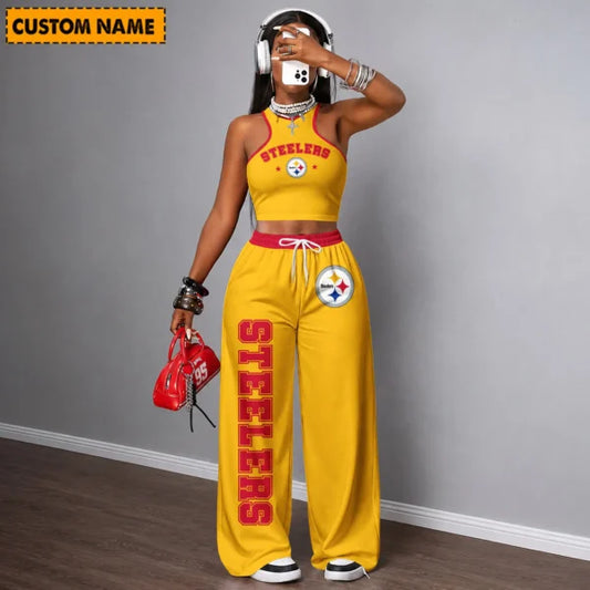 [TOUCHDOWN DEAL] NEW CUSTOMIZED NFL14 PSB PITTSBURGH STEELERS WOMEN'S CROP TOP & LONGPANTS SET