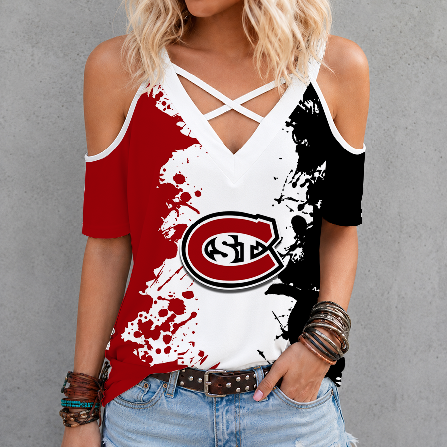 [PUCK DROP DEAL] NEW CUSTOMIZED NCAA MFF14 SCH ST. CLOUD STATE HUSKIES CRISS CROSS V-NECK TOP