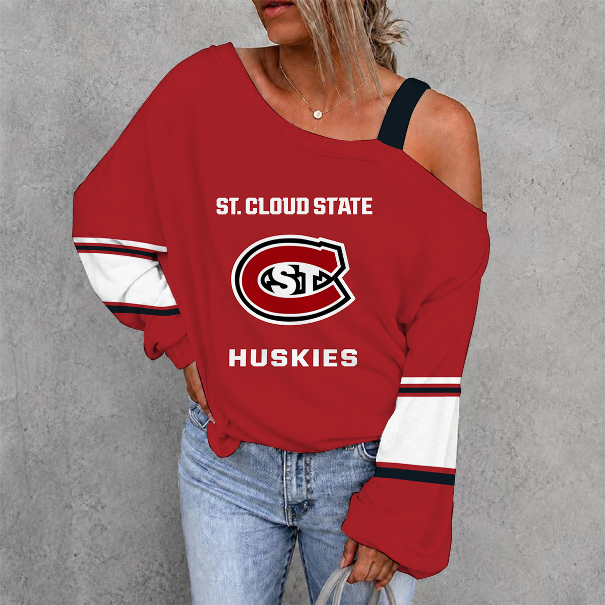 [PUCK DROP DEAL] NEW CUSTOMIZED NCAA MFF14 SCH ST. CLOUD STATE HUSKIES WOMEN'S OFF-SHOULDER LONG SLEEVE SHIRT
