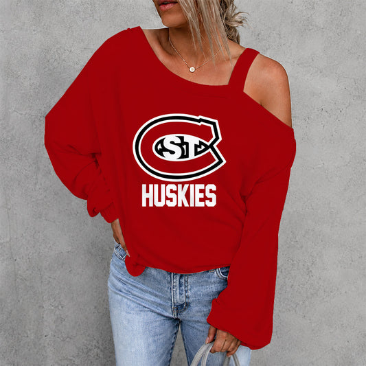 [PUCK DROP DEAL] NEW CUSTOMIZED NCAA MFF14 SCH ST. CLOUD STATE HUSKIES WOMEN'S OFF-SHOULDER LONG SLEEVE SHIRT