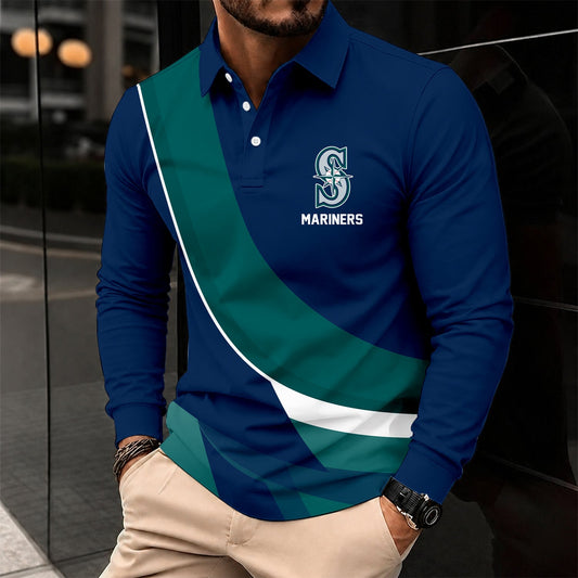 [HOMERUN DEAL] NEW CUSTOMIZED MLB14 SMS SEATTLE MARINERS MEN'S LONG SLEEVE POLO
