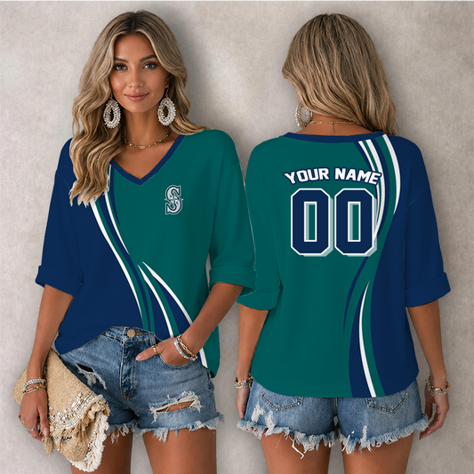 [HOMERUN DEAL] NEW CUSTOMIZED MLB14 SMS SEATTLE MARINERS WOMEN'S HEART V-NECK LONG SLEEVE SHIRT