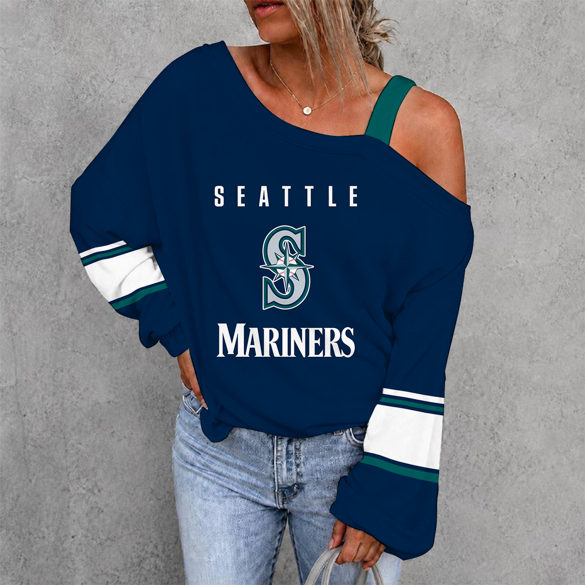 [HOMERUN DEAL] NEW CUSTOMIZED MLB14 SMS SEATTLE MARINERS WOMEN'S OFF-SHOULDER LONG SLEEVE SHIRT