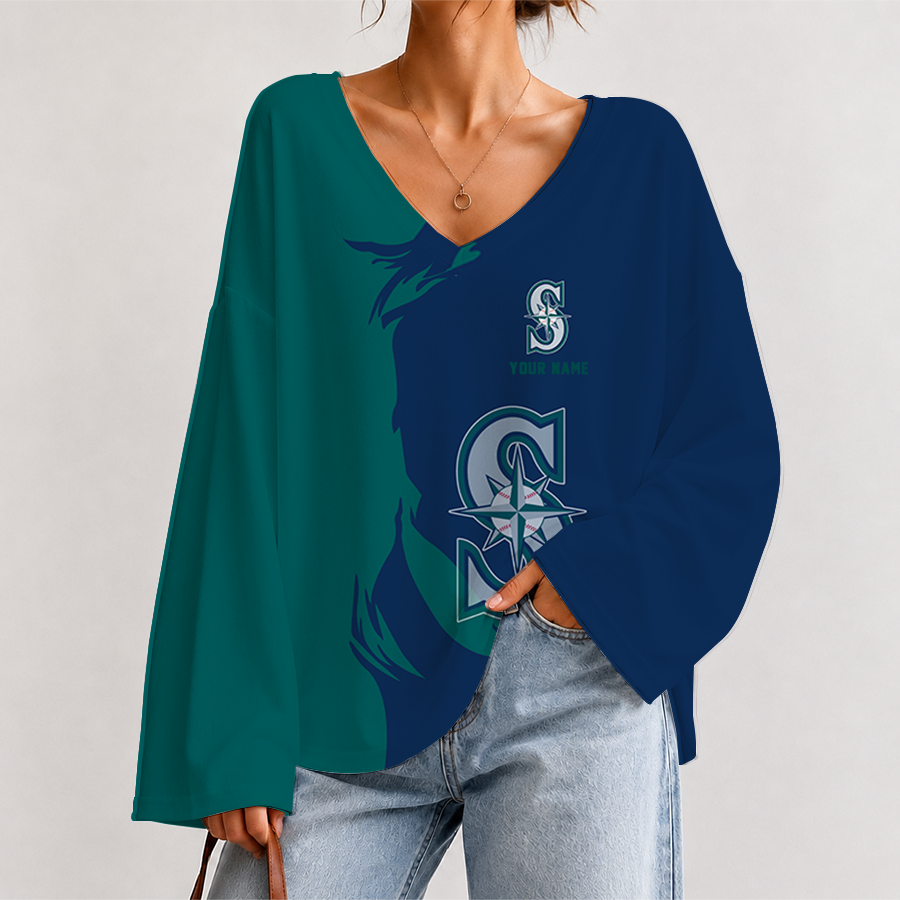 [HOMERUN DEAL] NEW CUSTOMIZED MLB14 SMS SEATTLE MARINERS V-NECK LONG SLEEVED CROP TOP