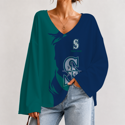 [HOMERUN DEAL] NEW CUSTOMIZED MLB14 SMS SEATTLE MARINERS V-NECK LONG SLEEVED CROP TOP