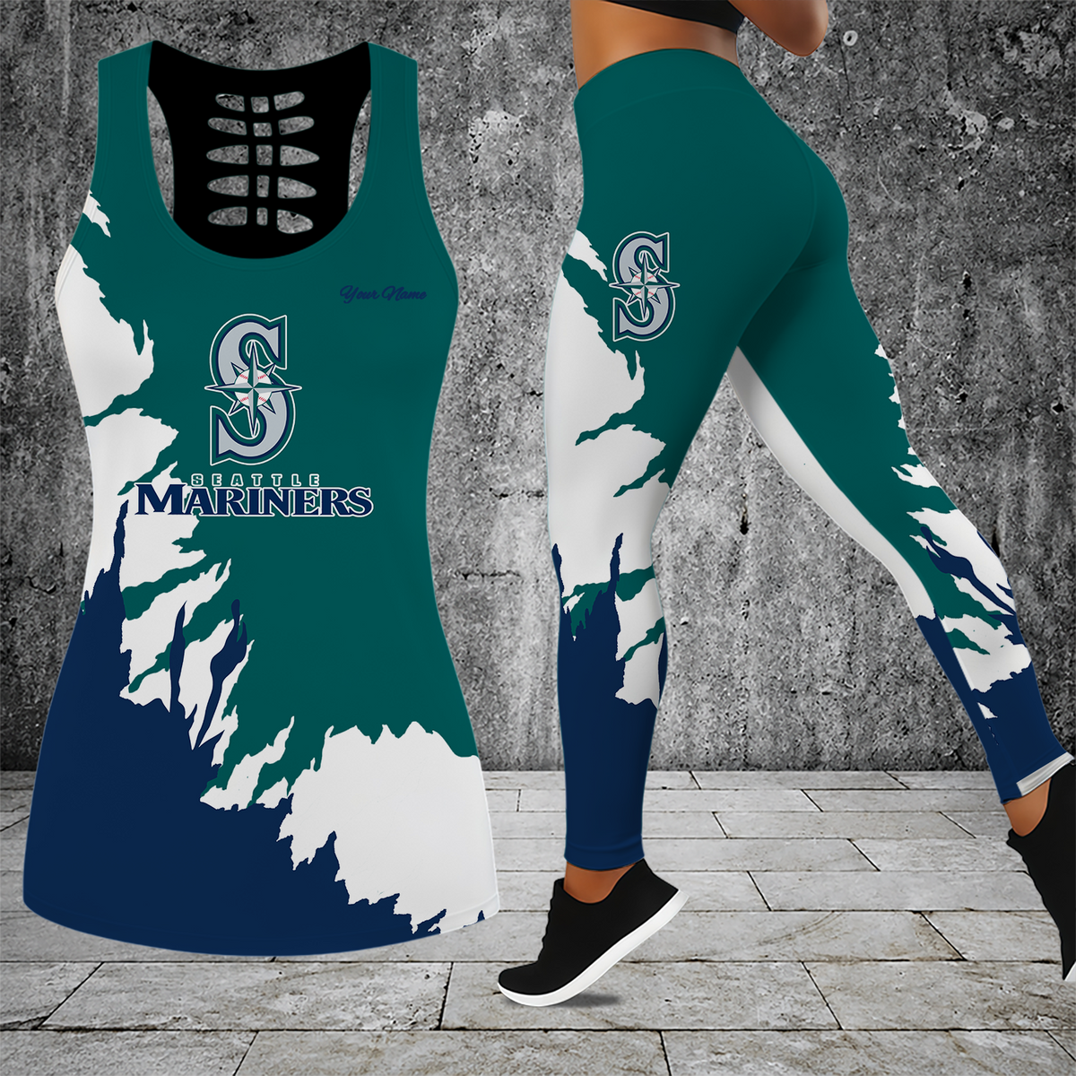 [HOMERUN DEAL] NEW CUSTOMIZED MLB14 SMS SEATTLE MARINERS HOLLOW TANK TOP & LEGGINGS SET