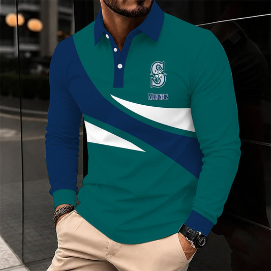 [HOMERUN DEAL] NEW CUSTOMIZED MLB14 SMS SEATTLE MARINERS MEN'S LONG SLEEVE POLO