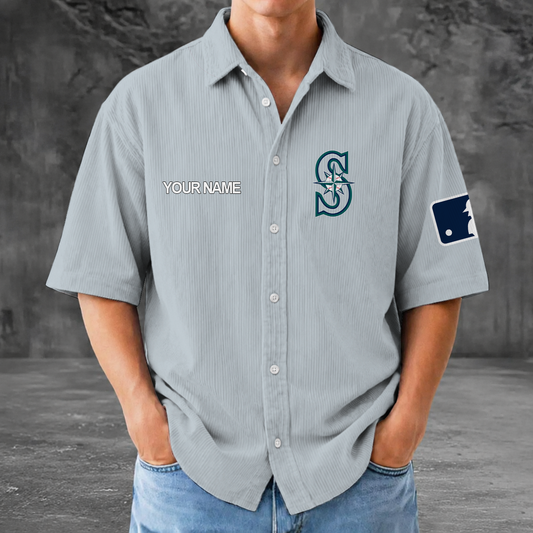 [HOMERUN DEAL] NEW CUSTOMIZED MLB14 SMS SEATTLE MARINERS SEERSUCKER BUTTON SHIRT