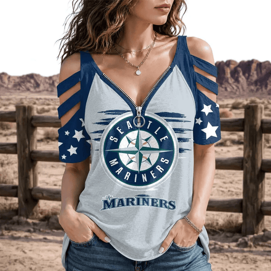 [HOMERUN DEAL] NEW CUSTOMIZED MLB14 SMS SEATTLE MARINERS STRAPPY COLD-SHOULDER TOP