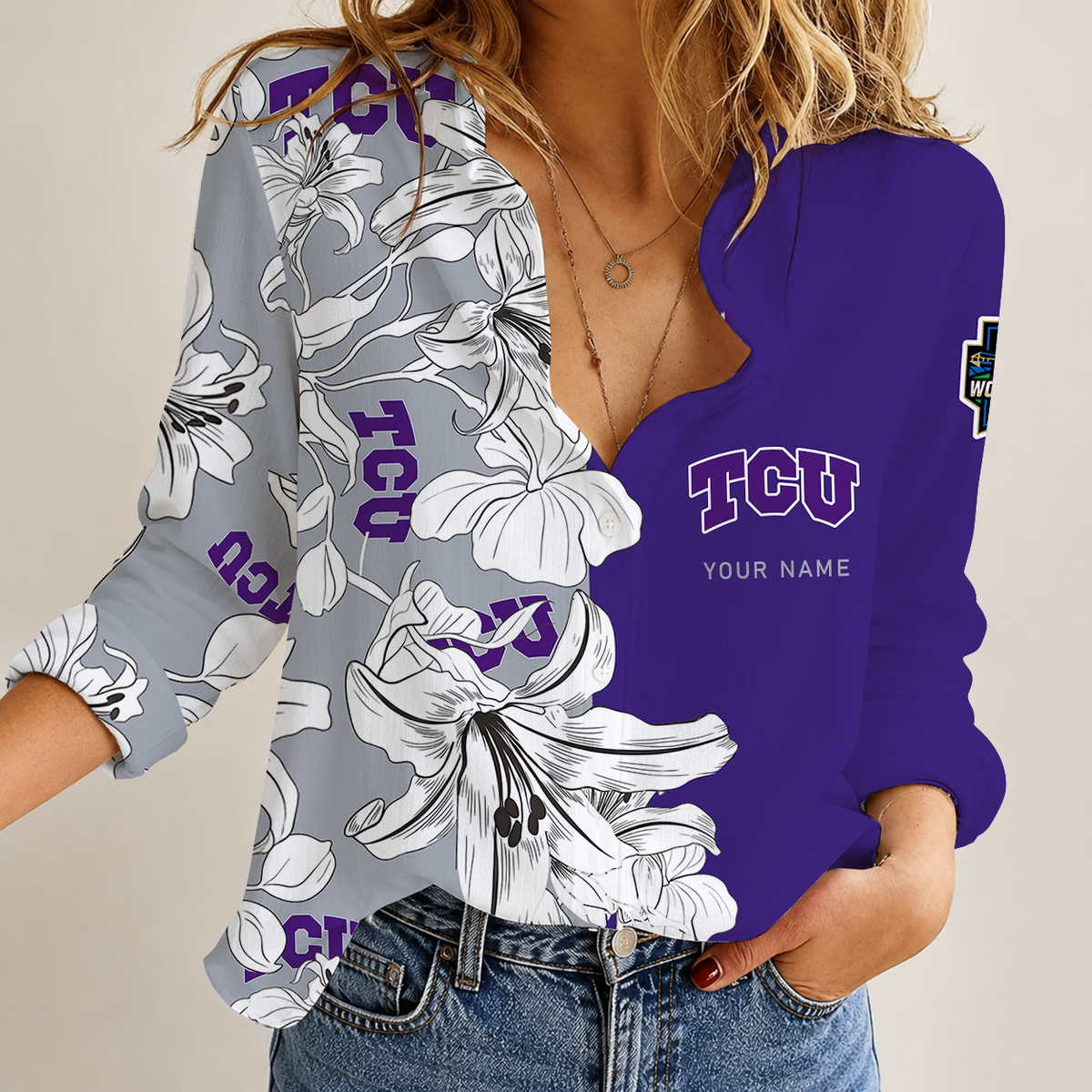 [HOMERUN DEAL] NEW CUSTOMIZED NCAA CWS14 THF TCU HORNED FROGS WOMEN CASUAL SHIRT