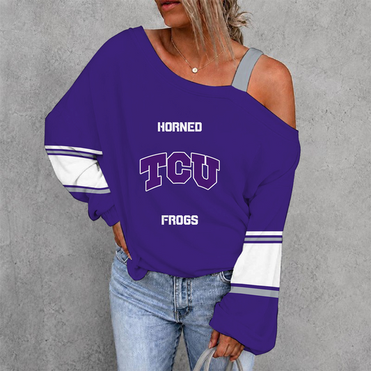 [HOMERUN DEAL] NEW CUSTOMIZED NCAA CWS14 THF TCU HORNED FROGS WOMEN'S OFF-SHOULDER LONG SLEEVE SHIRT
