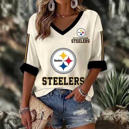 [TOUCHDOWN DEAL] NEW CUSTOMIZED NFL14 PSB PITTSBURGH STEELERS WOMEN'S HEART V-NECK LONG SLEEVE SHIRT