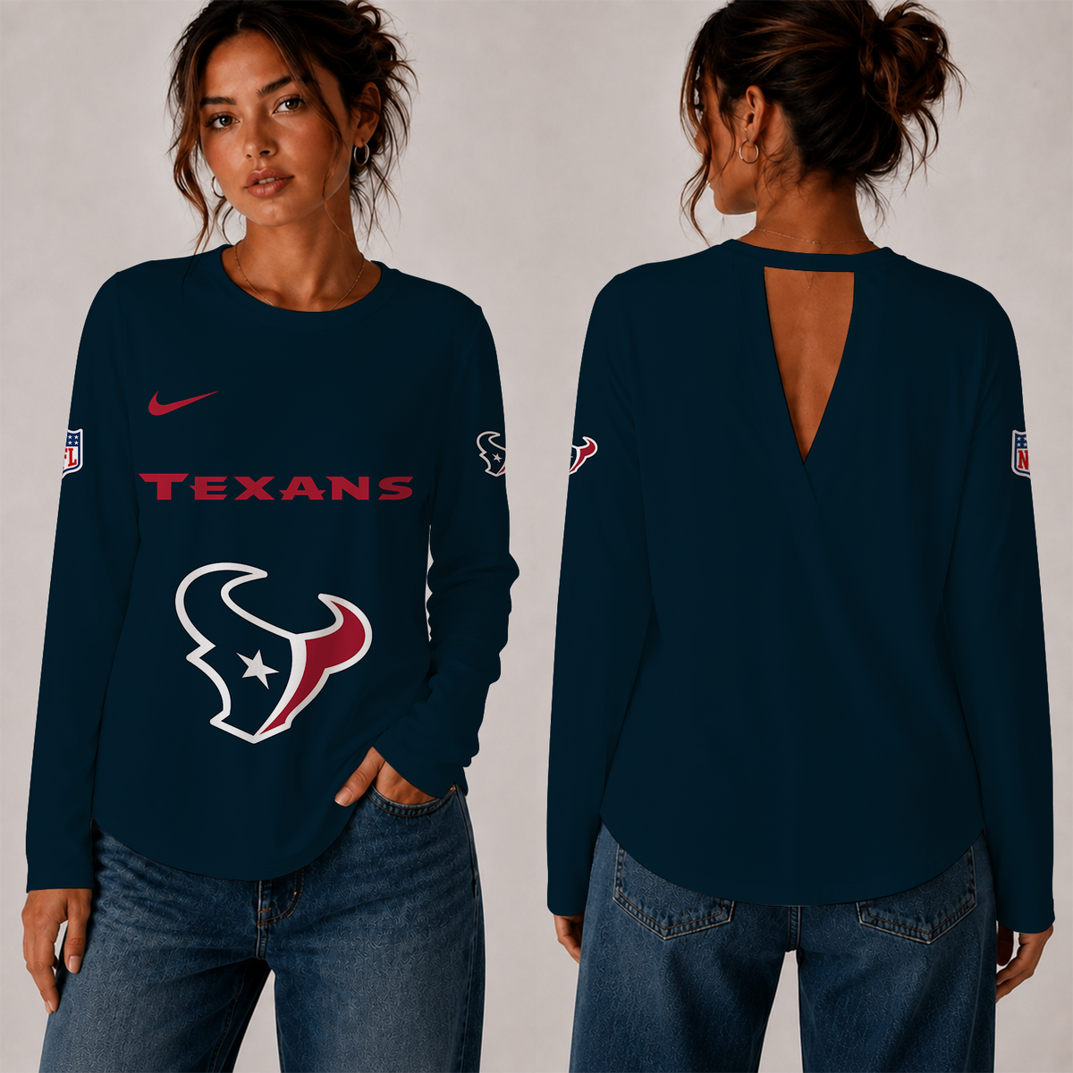 [TOUCHDOWN DEAL] NEW CUSTOMIZED NFL15 HTT THE TEXANS WOMEN'S BACK V-CUT LONG-SLEEVE SHIRT