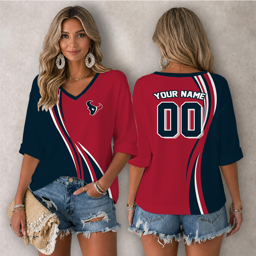 [SPECIAL OFFER] NEW CUSTOMIZED NFL15 HTT HOUSTON TEXANS WOMEN'S HEART V-NECK LONG SLEEVE SHIRT